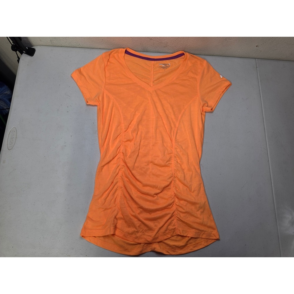 Marika Tek Dry-Wik Performance Tee Neon Orange Ruched V-Neck Activewear Large